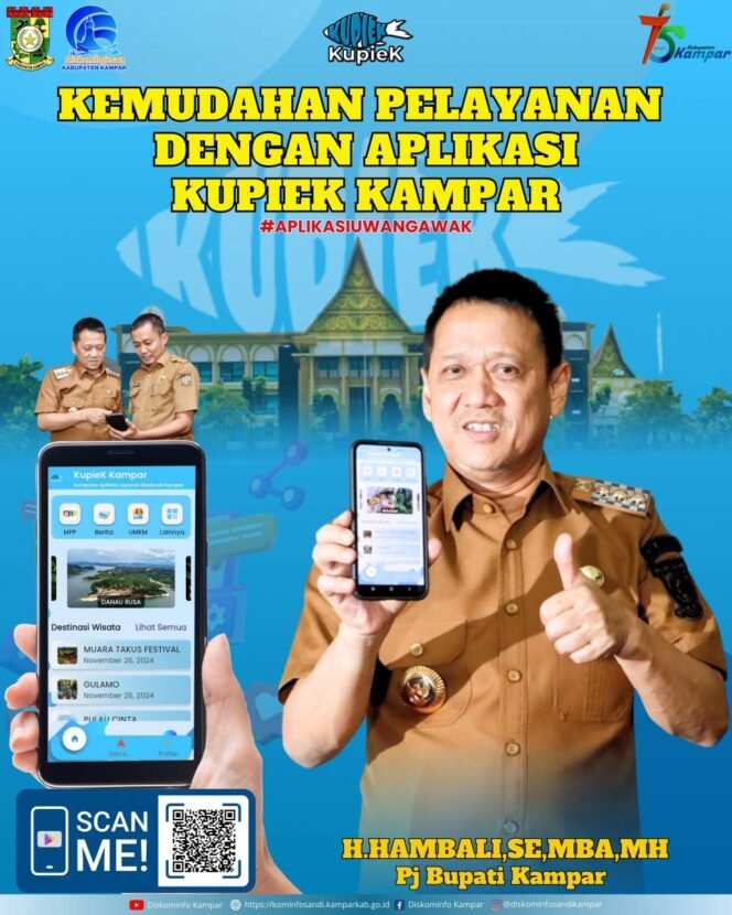 
					Ciptakan Layanan Publik Berbasis Digital, Pj. Bupati dan Diskominfo Kab. Kampar Launcing Aplikasi Kupiek.