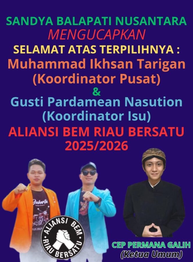 
					Sah! Muhammad Ikhsan Tarigan menjadi Koorpus Aliansi BEM Riau Bersatu, Cep Permana Galih: Selamat.