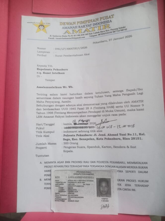 
					Dalam Waktu Dekat, LSM AMATIR Akan Gelar Aksi di Polresta Pekanbaru, Soroti Bebasnya Pengusaha dan Selebgram Kasus Narkoba Yang Sebelumnya Ditangkap