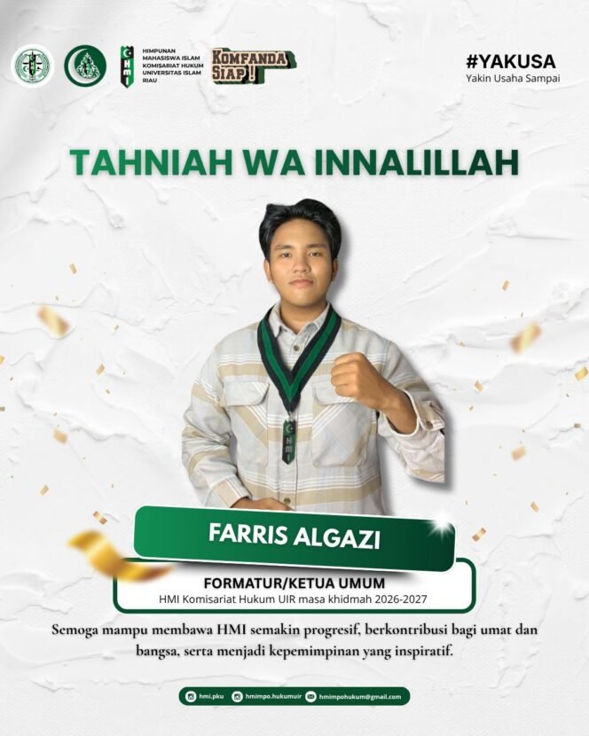 
					Presiden Mahasiswa dan Wakil Presiden Mahasiswa BEM Universitas Hang Tuah Pekanbaru Ucapkan Selamat Kepada Farris Algazi Sebagai Ketua Umum HMI MPO Komisariat Hukum UIR Periode 2026-2027