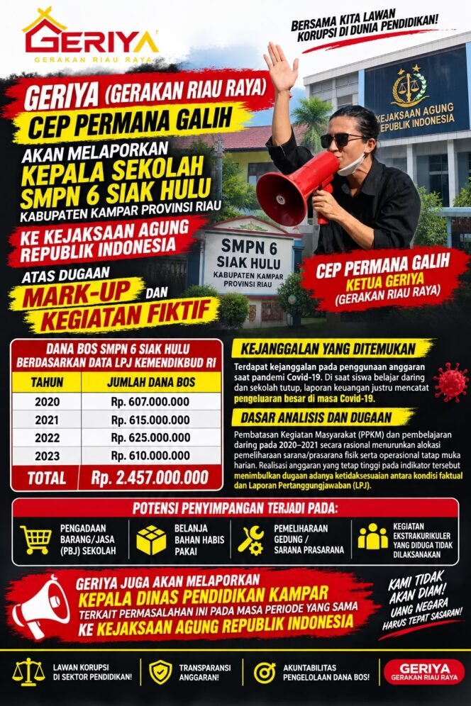 
GERIYA Akan Laporkan Kepala SMPN 6 Siak Hulu dan Kepala Dinas Pendidikan Kampar ke Kejagung, Soroti Dana BOS Rp2,457 Miliar
