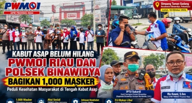 
Kabut Asap Belum Hilang, PWMOI Riau dan Polsek Binawidya Bagikan 1.000 Masker kepada Warga
